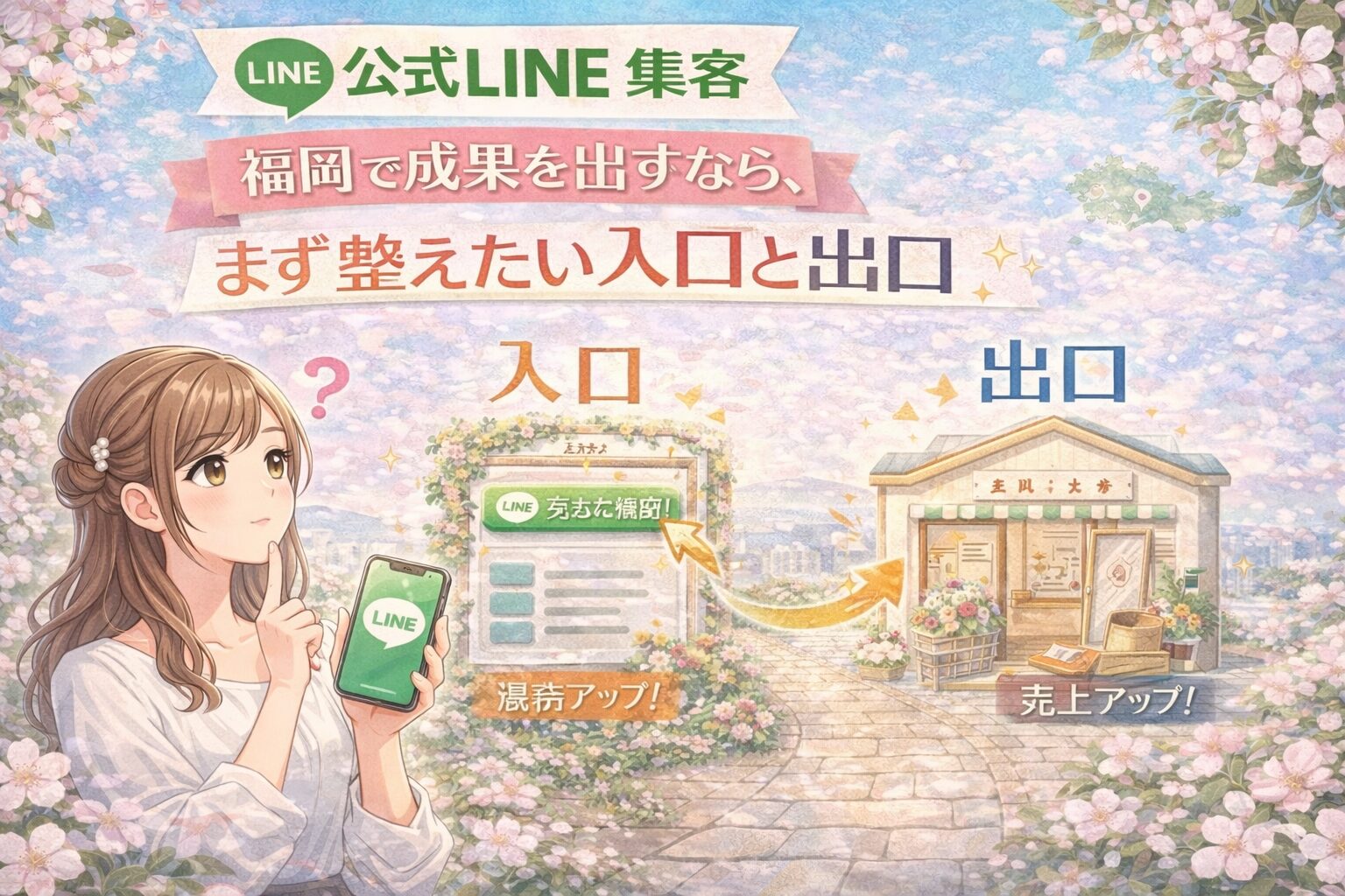 公式LINE 集客 福岡をテーマに、女性とLINE画面、入口から出口へつながる導線で成果の流れを示した構成