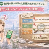 福岡の個人事業でLINE集客を見直す女性と、配信回数や一斉送信など“よくある運用”を示す掲示板の構成
