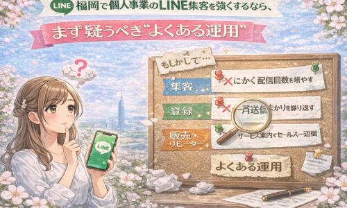 福岡の個人事業でLINE集客を見直す女性と、配信回数や一斉送信など“よくある運用”を示す掲示板の構成
