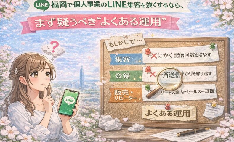 福岡の個人事業でLINE集客を見直す女性と、配信回数や一斉送信など“よくある運用”を示す掲示板の構成