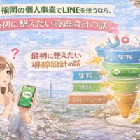 福岡の個人事業でLINEを活用する女性と、集客・登録・販売へ進む導線設計をファネル図で示した構成
