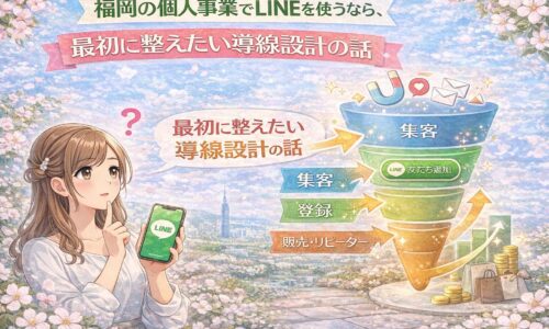 福岡の個人事業でLINEを活用する女性と、集客・登録・販売へ進む導線設計をファネル図で示した構成