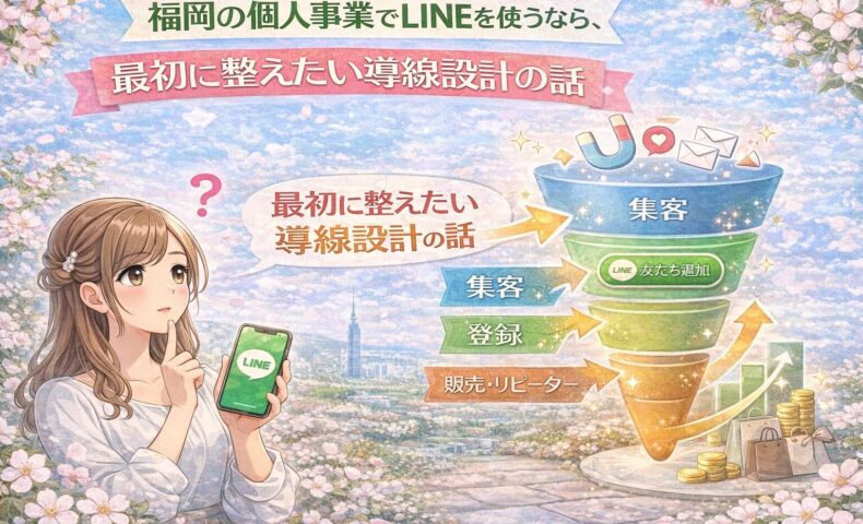 福岡の個人事業でLINEを活用する女性と、集客・登録・販売へ進む導線設計をファネル図で示した構成