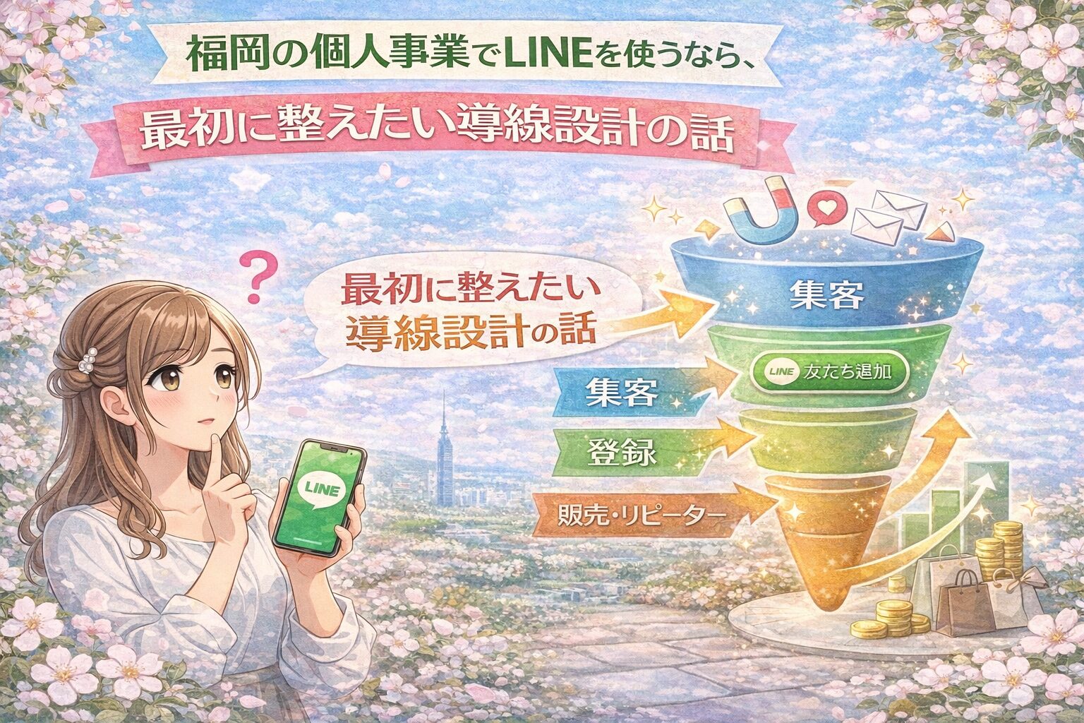 福岡の個人事業でLINEを活用する女性と、集客・登録・販売へ進む導線設計をファネル図で示した構成