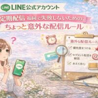 福岡でLINE公式アカウントの定期配信に悩む女性と、失敗しないための意外な配信ルールを示したチェックリストの構成