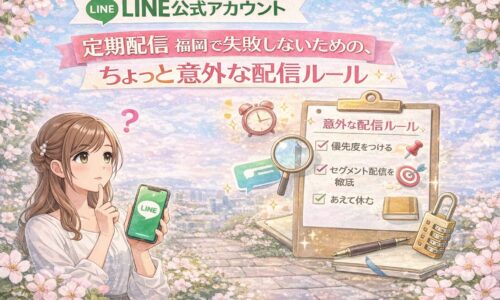 福岡でLINE公式アカウントの定期配信に悩む女性と、失敗しないための意外な配信ルールを示したチェックリストの構成