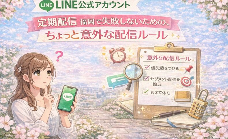 福岡でLINE公式アカウントの定期配信に悩む女性と、失敗しないための意外な配信ルールを示したチェックリストの構成