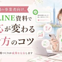 福岡の事業者向けに公式LINE資料の反応を高める見せ方を、女性とスマホ、資料、分析アイコンで表現