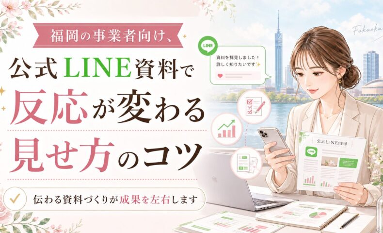 福岡の事業者向けに公式LINE資料の反応を高める見せ方を、女性とスマホ、資料、分析アイコンで表現