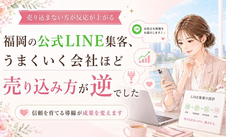 福岡の公式LINE集客で成果を出す売り込み方を、スマホを持つ女性と信頼導線・成長グラフで表現