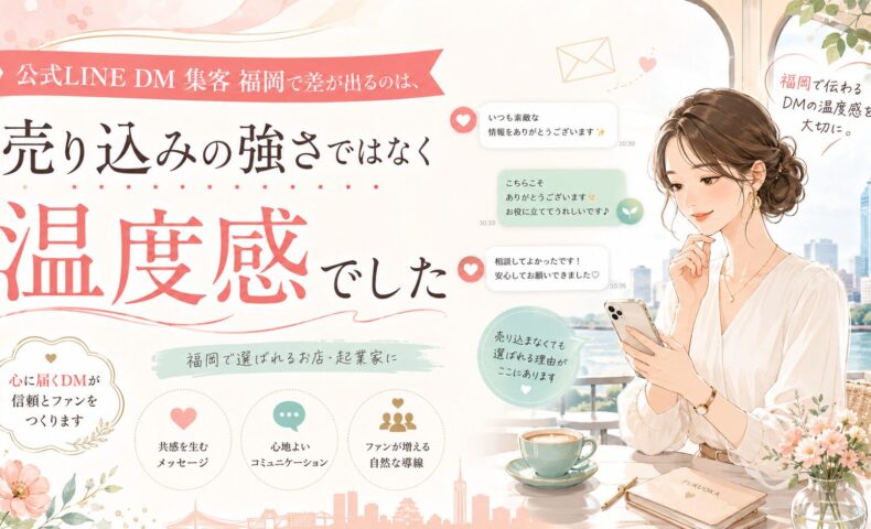 公式LINE DM集客を福岡で成功させるための温度感ある配信を、スマホを持つ女性と会話風メッセージで表現