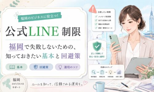 公式LINE制限を福岡で失敗なく運用するための基本と回避策を、スマホを持つ女性と注意項目で表現