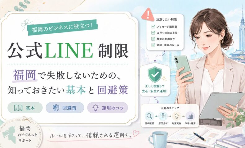公式LINE制限を福岡で失敗なく運用するための基本と回避策を、スマホを持つ女性と注意項目で表現
