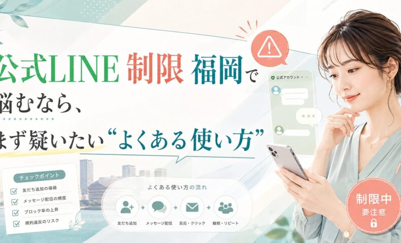 公式LINE制限で悩む福岡の事業者向けに、よくある使い方の見直しポイントを女性と注意表示で表現