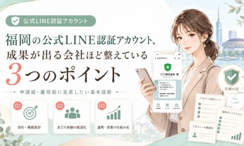 福岡の公式LINE認証アカウントで成果を出すための3つの整備ポイントを、女性とスマホ画面で表現