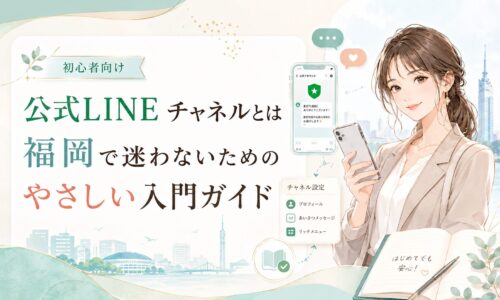 公式LINEチャネルとは何かを福岡の初心者にも分かるように、女性とスマホ画面、設定項目で表現