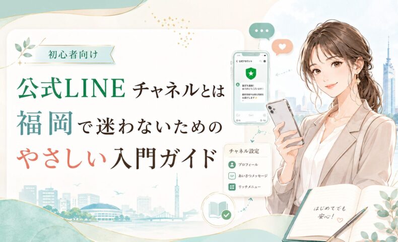 公式LINEチャネルとは何かを福岡の初心者にも分かるように、女性とスマホ画面、設定項目で表現