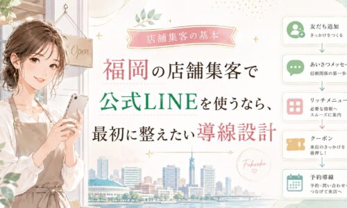 公式LINE店舗集客を福岡で始める際に整えたい導線設計を、店舗スタッフの女性と流れ図で表現