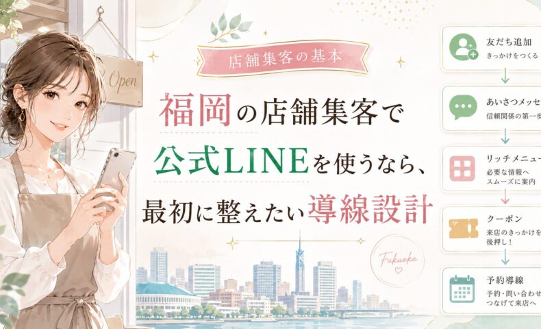 公式LINE店舗集客を福岡で始める際に整えたい導線設計を、店舗スタッフの女性と流れ図で表現
