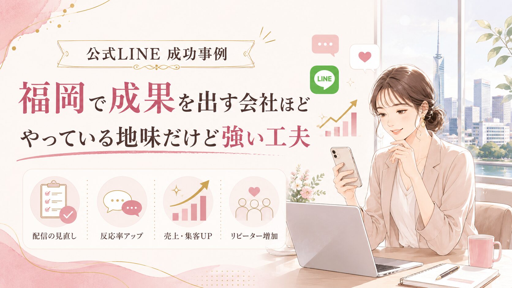 福岡の街並みを背景に、公式LINE成功事例として配信見直し、反応率アップ、売上・集客向上、リピーター増加を示した構成