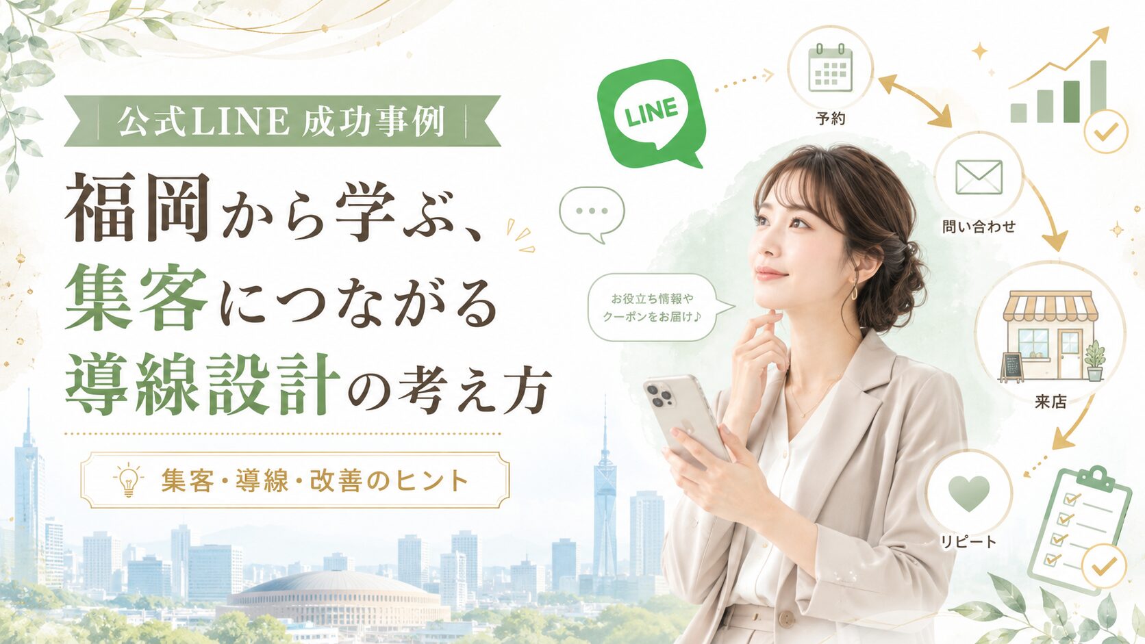 公式LINE 成功事例 福岡をテーマに、予約・問い合わせ・来店・リピートへつながる導線設計を女性が確認している構成