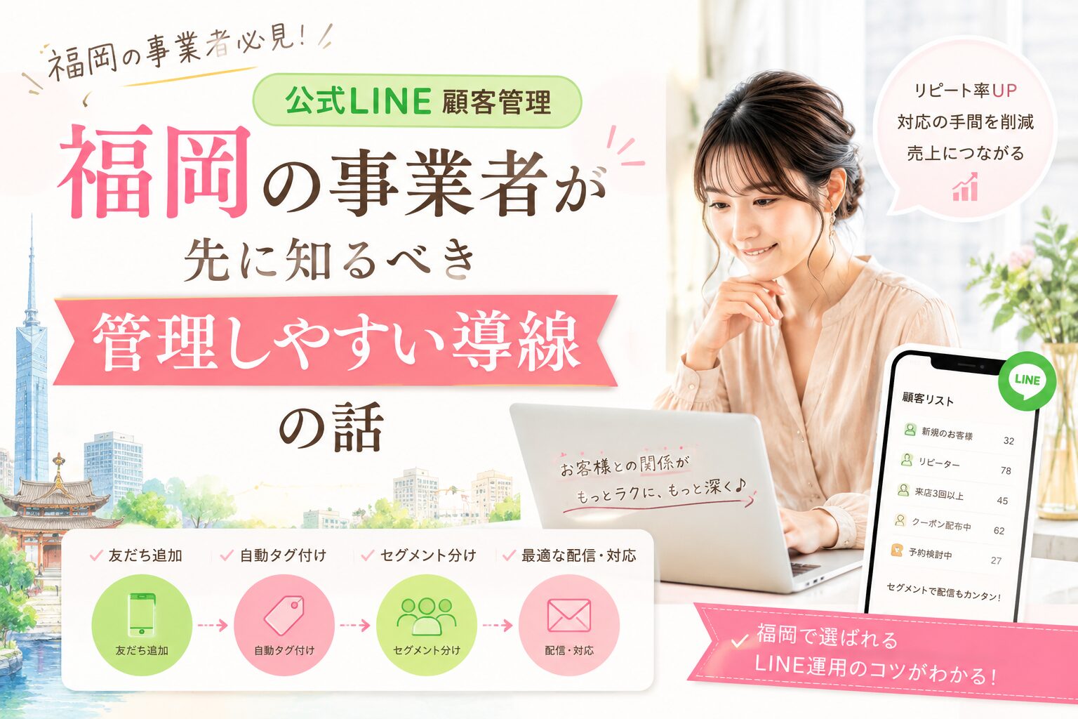 公式LINE 顧客 管理 福岡をテーマに、女性がPCとスマホで顧客リスト、タグ付け、セグメント分け、配信対応の流れを確認する構成