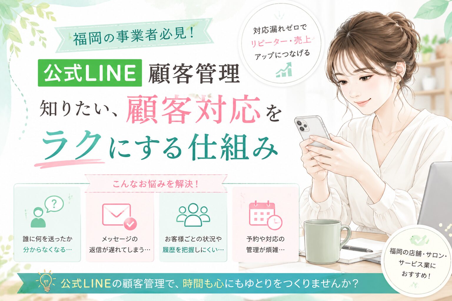 公式LINE 顧客 管理 福岡をテーマに、女性がスマホで顧客対応を確認し、問い合わせ・返信遅れ・履歴管理・予約対応の課題を整理する構成