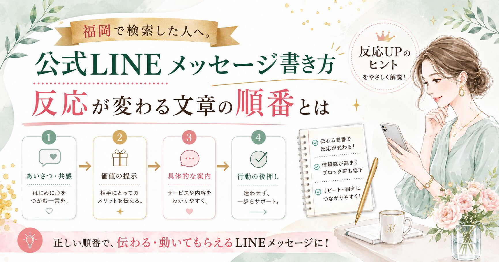 公式LINE メッセージ 書き方 福岡をテーマに、反応が変わる文章の順番として共感、価値提示、具体案内、行動後押しを整理した構成