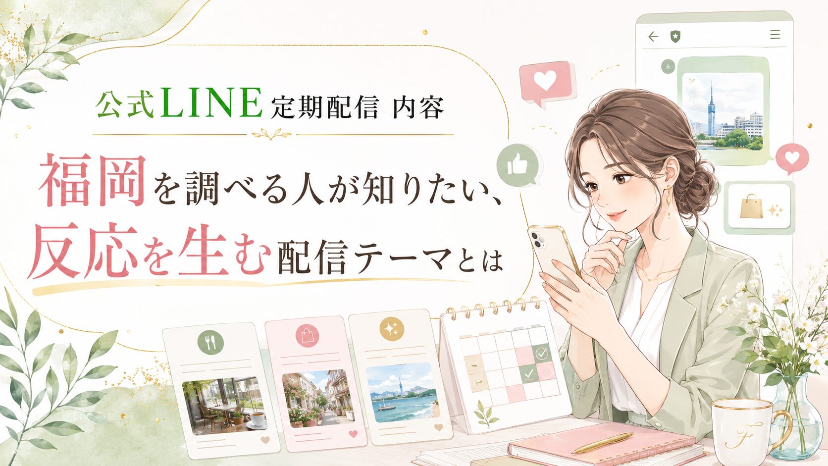 公式LINE 定期配信 内容 福岡をテーマに、女性がスマホと配信カレンダーを見ながら反応を生む配信テーマを整理する構成