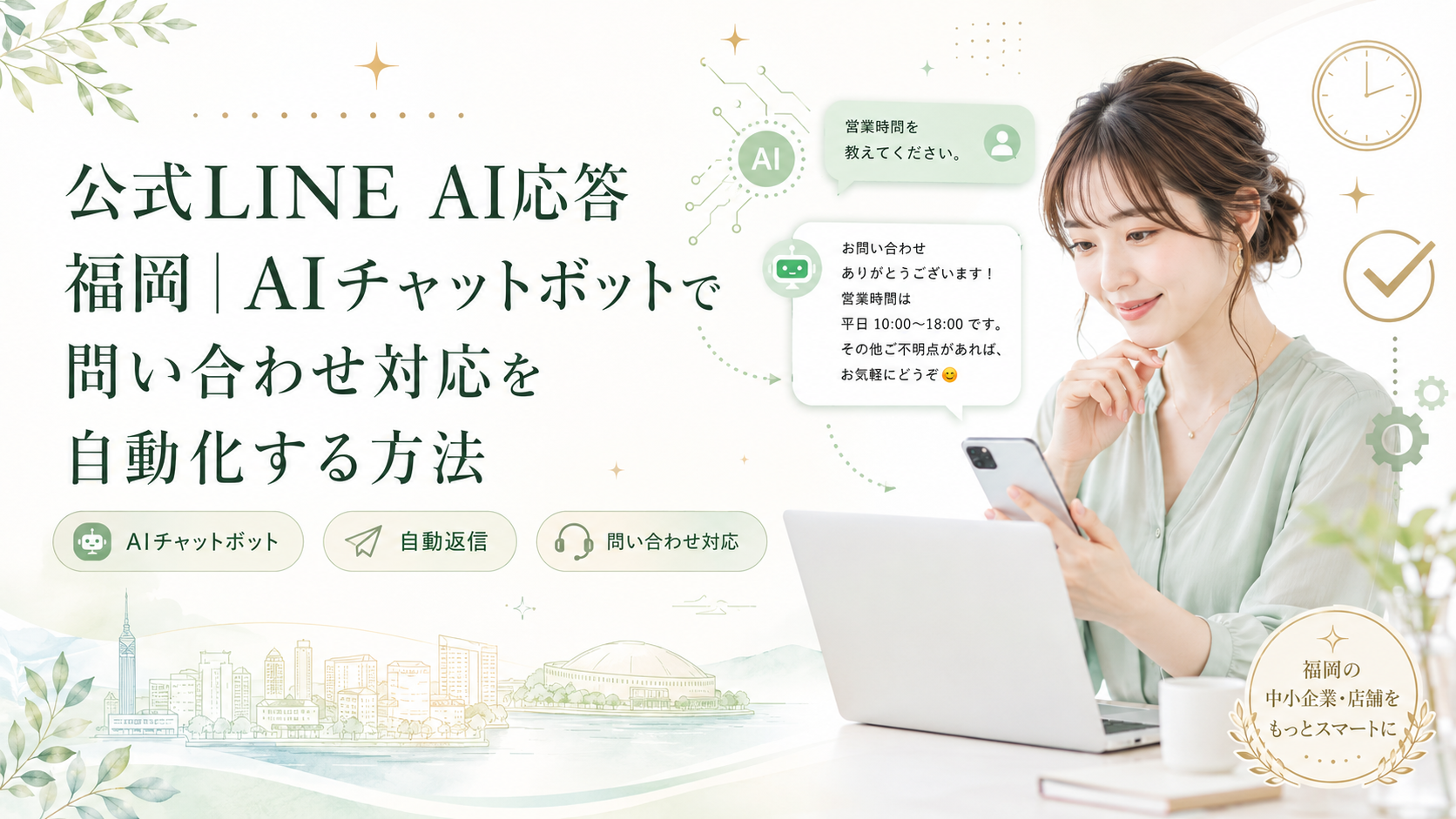 公式LINE AI応答 福岡をテーマに、スマホとパソコンを使う女性、営業時間への自動返信例、AIチャットボット・時計・歯車・福岡の街並みを配置した構成