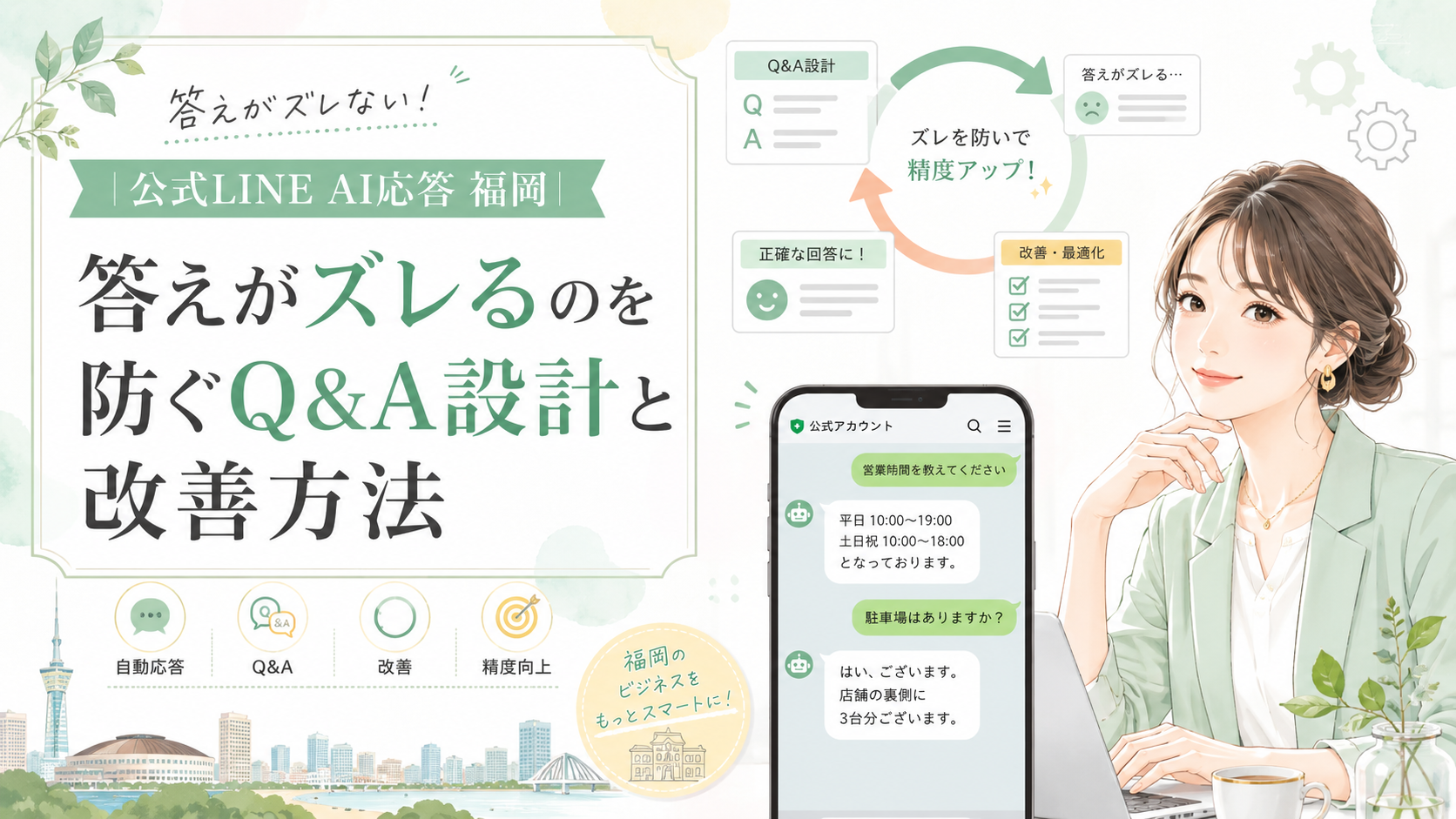 公式LINE AI応答 福岡をテーマに、営業時間や駐車場への自動回答例と、Q&A設計・回答ズレ・改善・精度向上の流れを示した構成