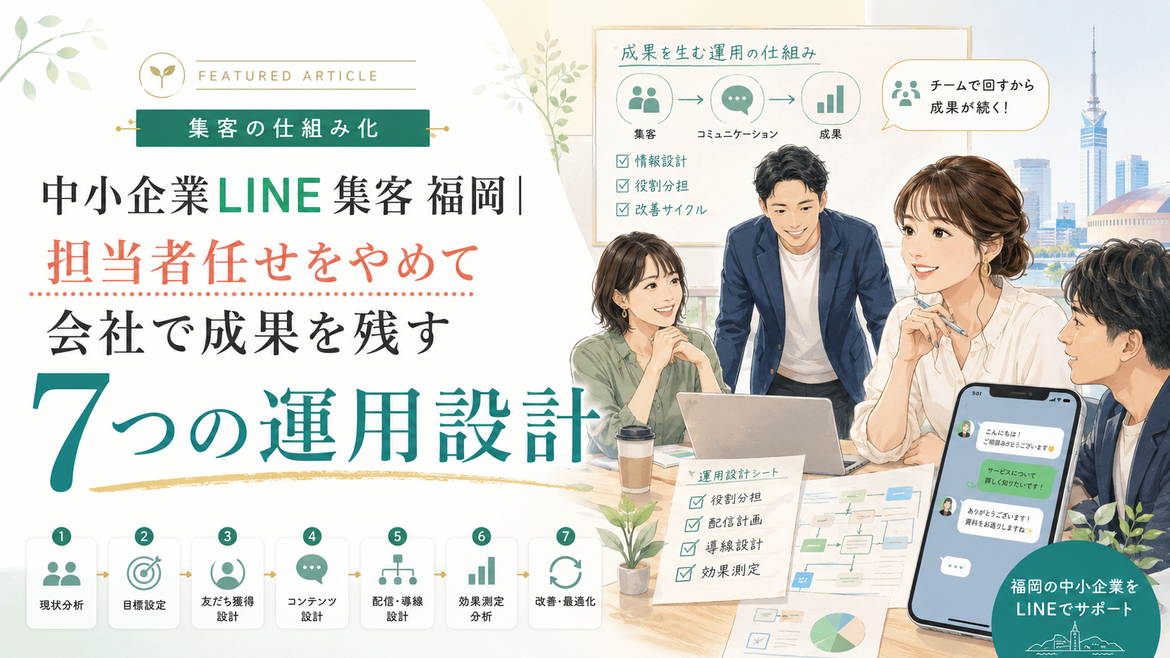 中小企業LINE集客 福岡をテーマに、会議する4人とスマホのLINE画面、担当者任せをやめて会社で成果を残す7つの運用設計を示した横長バナー