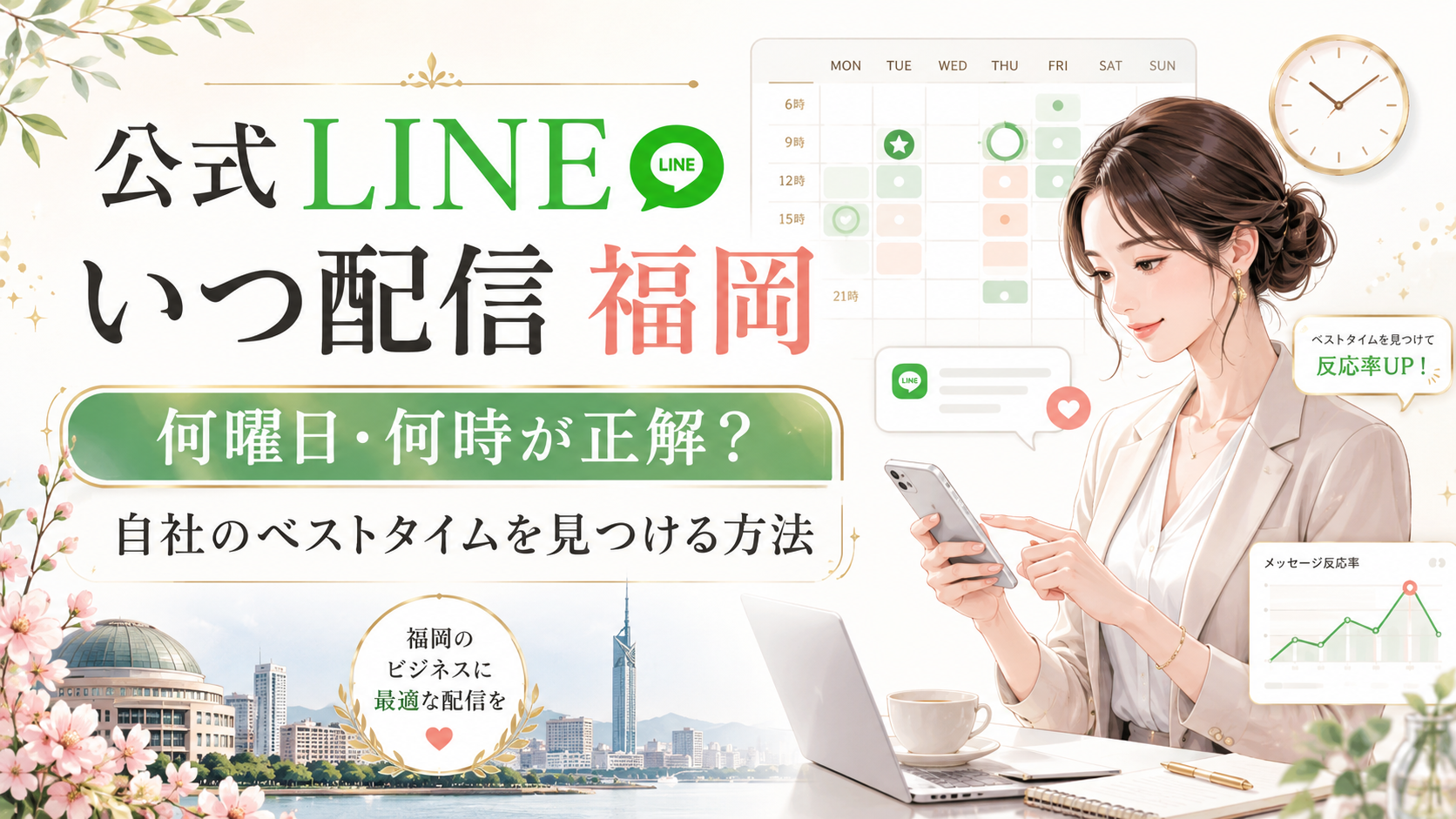 公式LINE いつ 配信 福岡をテーマに、曜日・時間帯別の配信カレンダーや反応率グラフ、時計、スマホを確認する女性を配置し、最適な配信タイミングを示した構成
