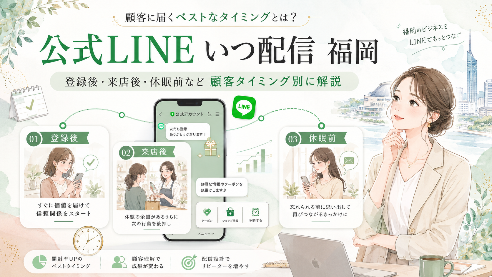 公式LINE いつ 配信 福岡をテーマに、登録後・来店後・休眠前の3段階とスマホ、女性、クーポンや予約導線を配置し、顧客タイミング別の配信設計を示した構成