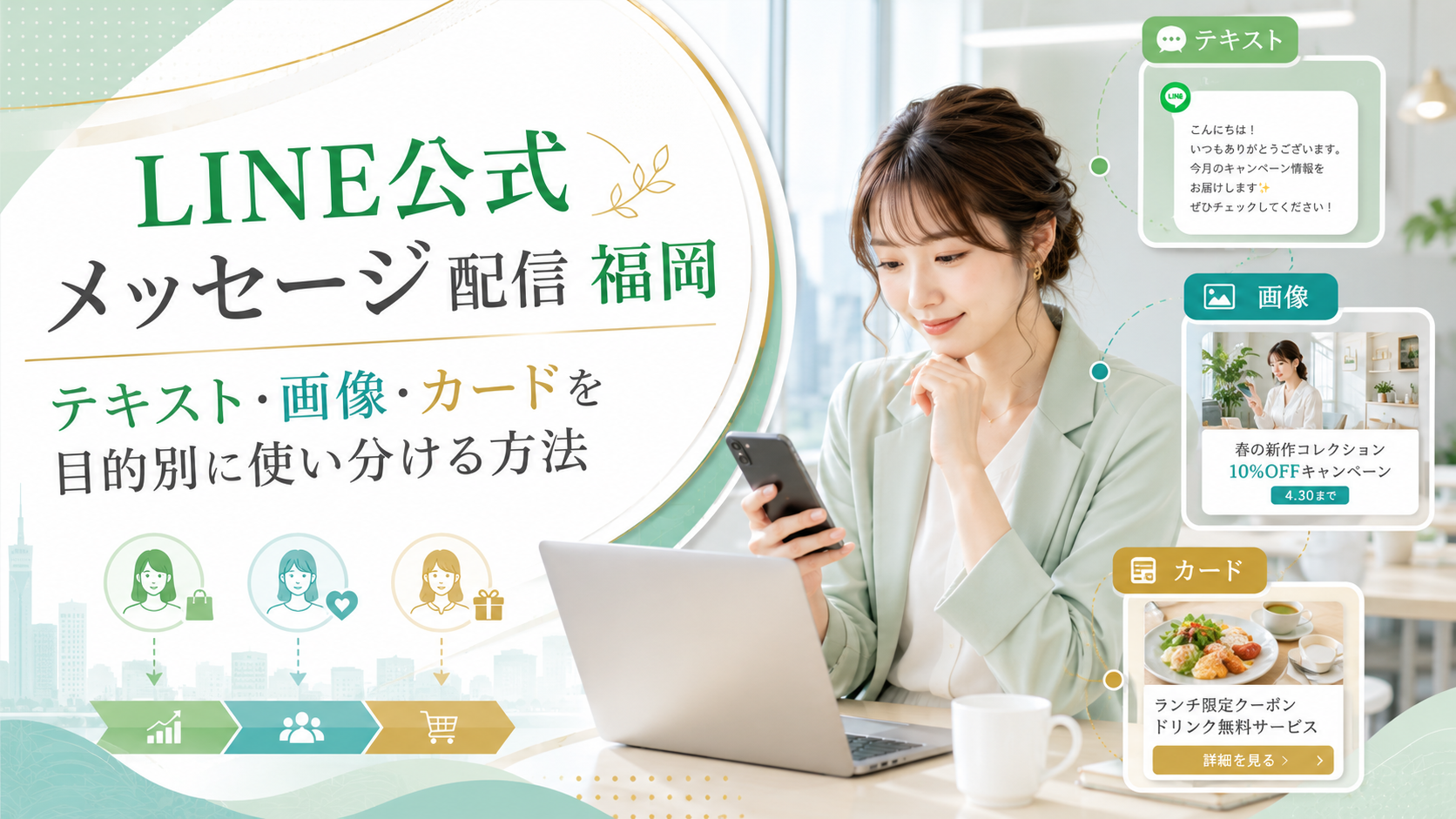 福岡の事業者向けに、女性がスマホとノートPCを見ながらLINE公式 メッセージ 配信の活用を確認し、テキスト・画像・カードの使い分け例を示した横長デザイン