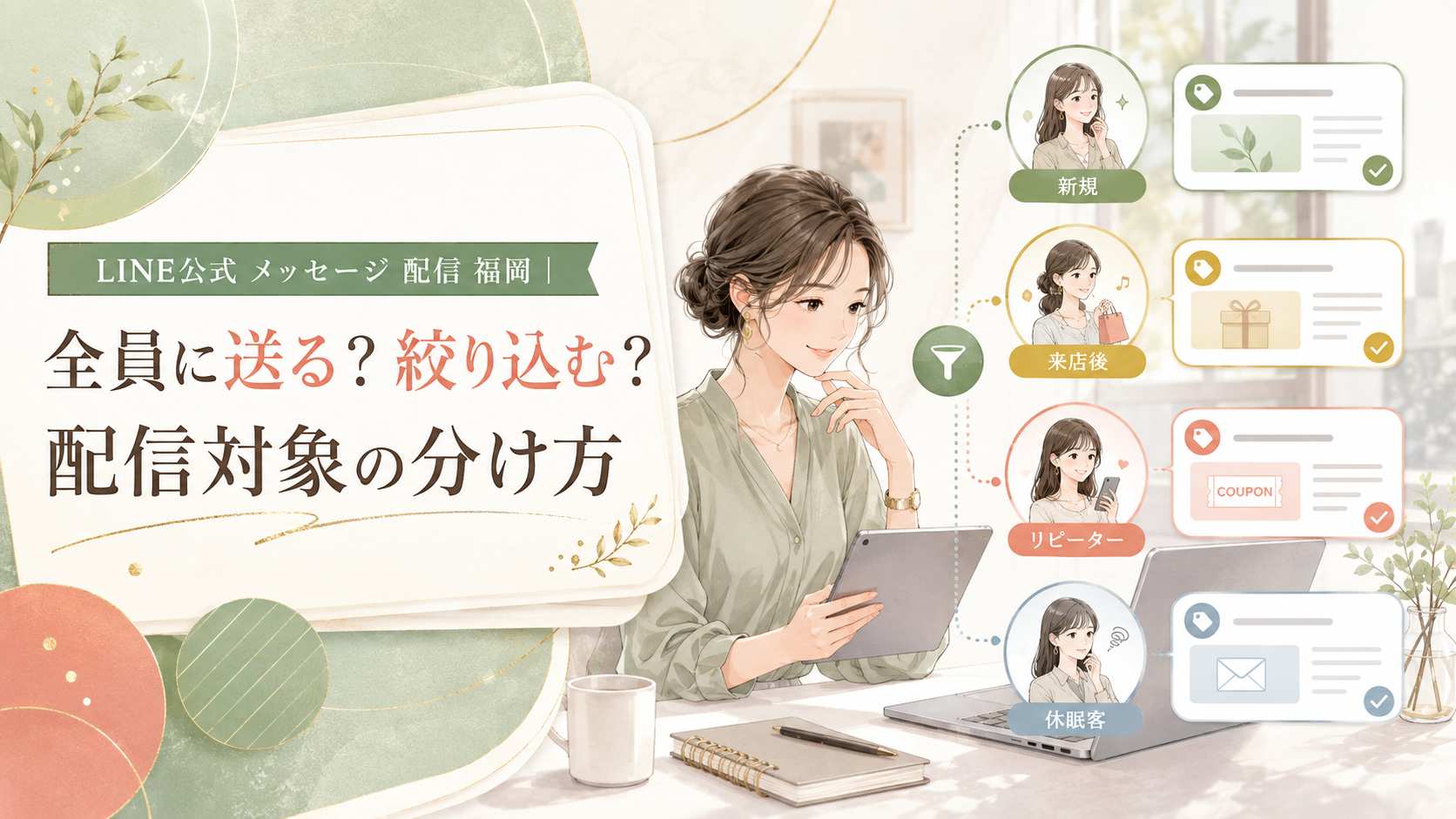 LINE公式 メッセージ 配信 福岡をテーマに、タブレットを操作する女性と新規・来店後・リピーター・休眠客の4区分、配信内容の例を並べた構成