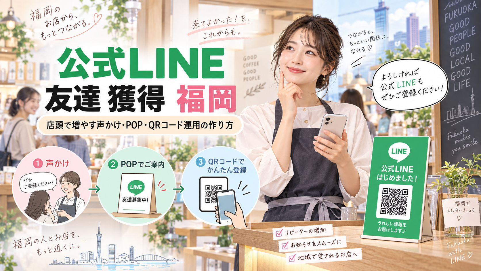 公式LINE 友達 獲得 福岡をテーマに、店舗スタッフの女性と声かけ・POP・QRコード登録の3ステップ、店頭用LINE案内を配置した構成