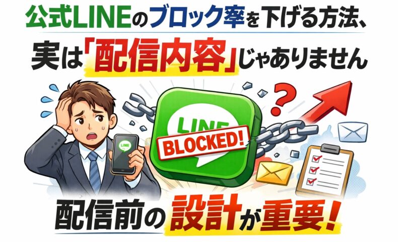 公式LINEのブロック率が下がらず悩む事業主が、配信内容ではなく登録前の設計が原因であることに気づく構図を示し、ブロック率を下げる本質的な考え方を表現している