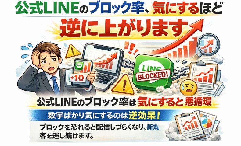 公式LINEのブロック率を気にしすぎて配信に不安を感じる事業主の状態と、数字を追うほどブロック率が下げられなくなる本質的な問題を示している