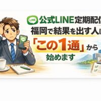 公式LINEの定期配信を前に迷う事業主が、最初の一通から設計することでブロック率を下げる考え方に気づく流れを示している