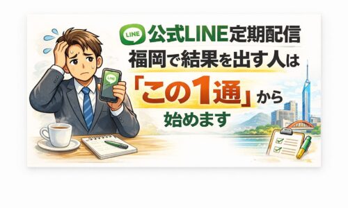 公式LINEの定期配信を前に迷う事業主が、最初の一通から設計することでブロック率を下げる考え方に気づく流れを示している
