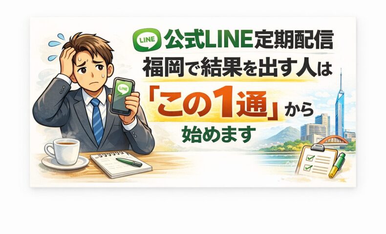 公式LINEの定期配信を前に迷う事業主が、最初の一通から設計することでブロック率を下げる考え方に気づく流れを示している