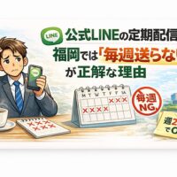 公式LINEの定期配信を毎週行うことに悩む事業主が、配信頻度を見直すことでブロック率を下げる考え方に気づく状況を示している