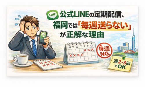 公式LINEの定期配信を毎週行うことに悩む事業主が、配信頻度を見直すことでブロック率を下げる考え方に気づく状況を示している