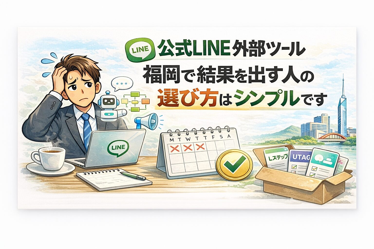 公式LINEの外部ツール選びに迷う事業主が、シンプルな基準で判断することで運用が安定しブロック率を下げる考え方を示している