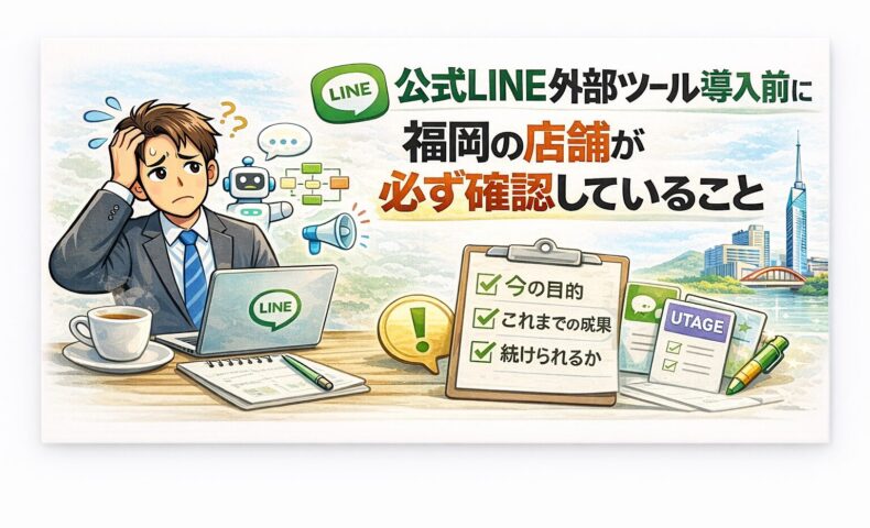 公式LINEの外部ツール導入を前に迷う福岡の店舗経営者が、事前に確認すべきポイントを整理することでブロック率を下げる判断軸を示している