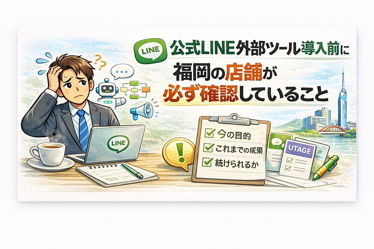 公式LINEの外部ツール導入を前に迷う福岡の店舗経営者が、事前に確認すべきポイントを整理することでブロック率を下げる判断軸を示している