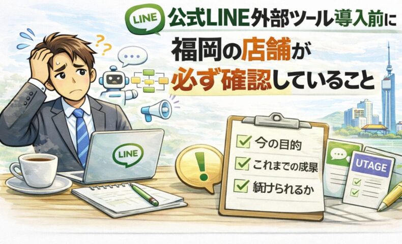 福岡の店舗が公式LINEの外部ツール導入前に確認すべきポイントを示したイメージ。悩む事業者とLINE、AI、UTAGEの要素が描かれている。