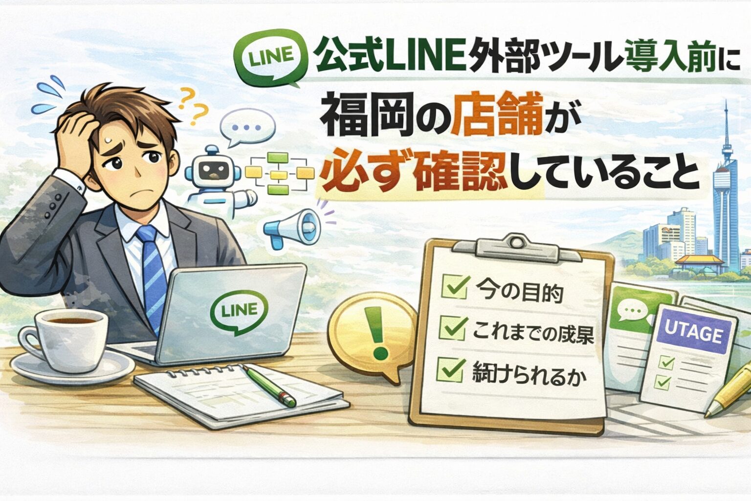 福岡の店舗が公式LINEの外部ツール導入前に確認すべきポイントを示したイメージ。悩む事業者とLINE、AI、UTAGEの要素が描かれている。