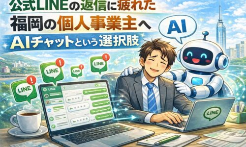 公式LINEの返信に疲れた福岡の個人事業主が、AIチャットにより負担を軽減する様子を表したイメージ。LINE通知とAIロボットが描かれている。
